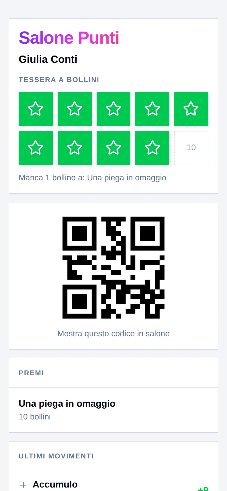 La tessera a bollini di una cliente sul telefono, con il codice QR